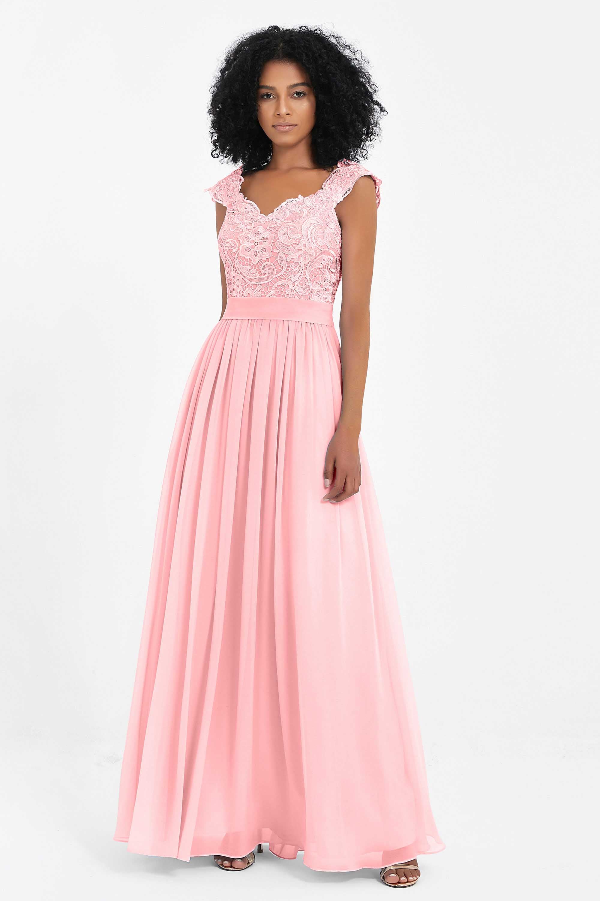 Cap Sleeves Chiffon Bridesmaid Dress with Lace Long Formal Evening Prom Dresses Gowns