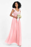 Cap Sleeves Chiffon Bridesmaid Dress with Lace Long Formal Evening Prom Dresses Gowns