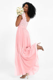 Cap Sleeves Chiffon Bridesmaid Dress with Lace Long Formal Evening Prom Dresses Gowns