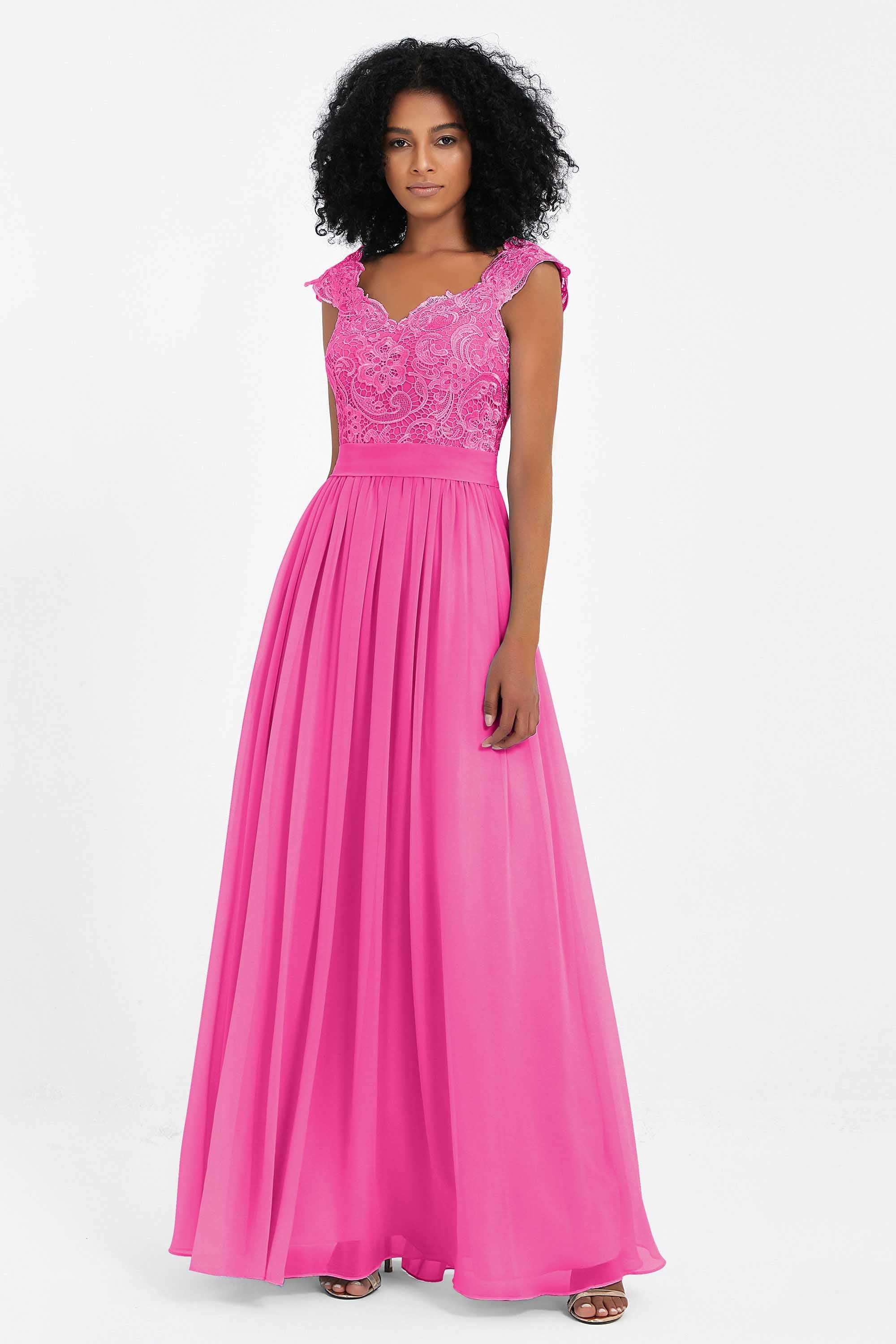 Cap Sleeves Chiffon Bridesmaid Dress with Lace Long Formal Evening Prom Dresses Gowns