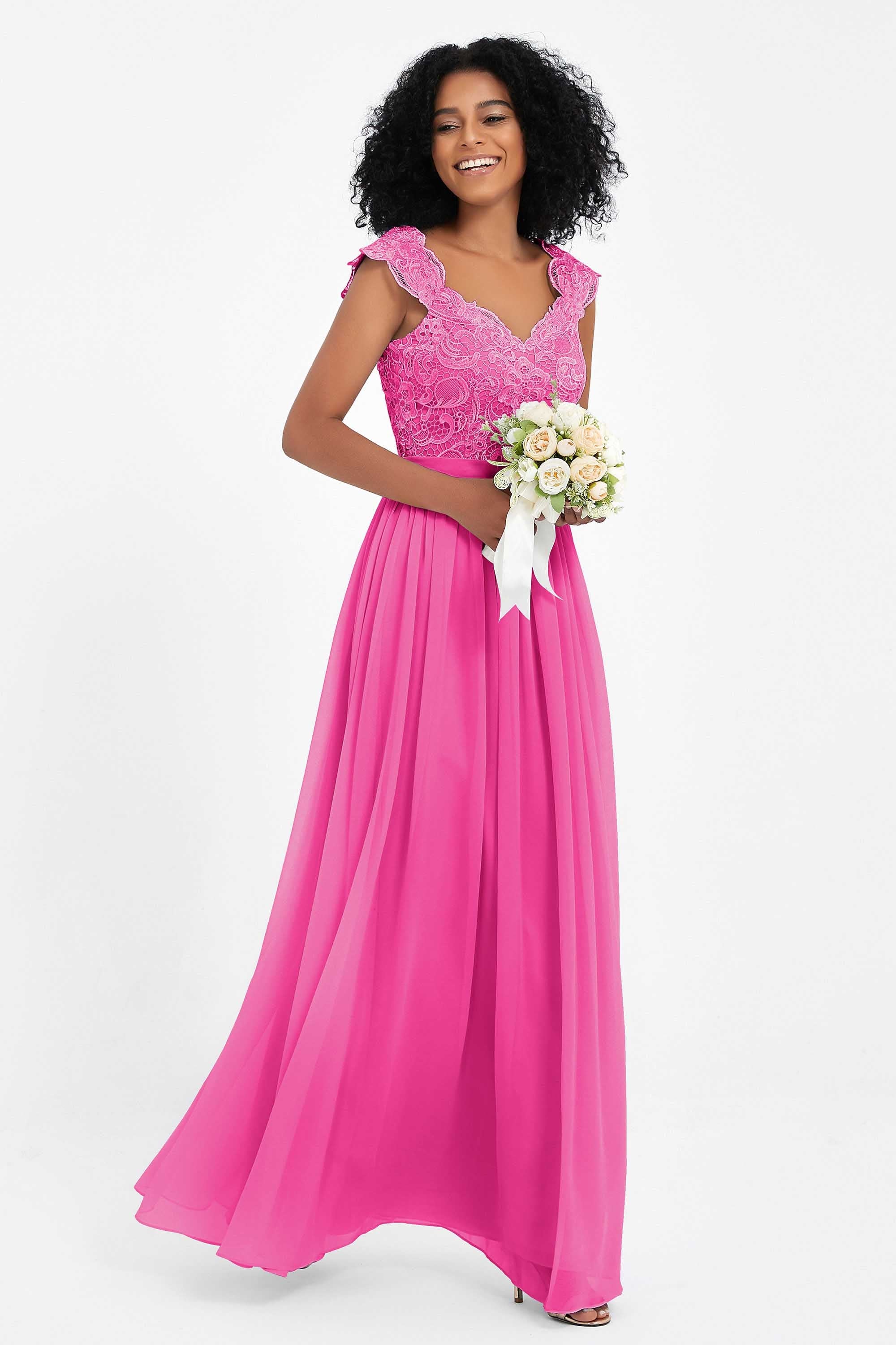 Cap Sleeves Chiffon Bridesmaid Dress with Lace Long Formal Evening Prom Dresses Gowns