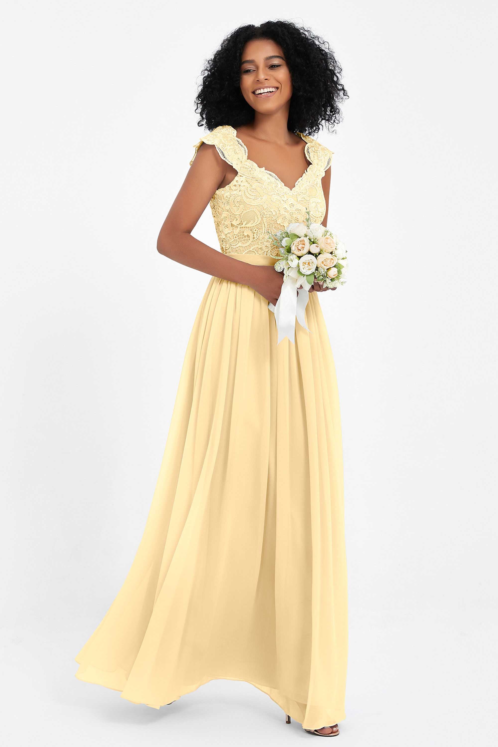 Cap Sleeves Chiffon Bridesmaid Dress with Lace Long Formal Evening Prom Dresses Gowns