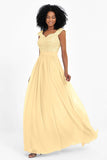 Cap Sleeves Chiffon Bridesmaid Dress with Lace Long Formal Evening Prom Dresses Gowns