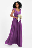 Cap Sleeves Chiffon Bridesmaid Dress with Lace Long Formal Evening Prom Dresses Gowns