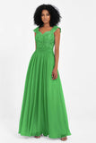 Cap Sleeves Chiffon Bridesmaid Dress with Lace Long Formal Evening Prom Dresses Gowns