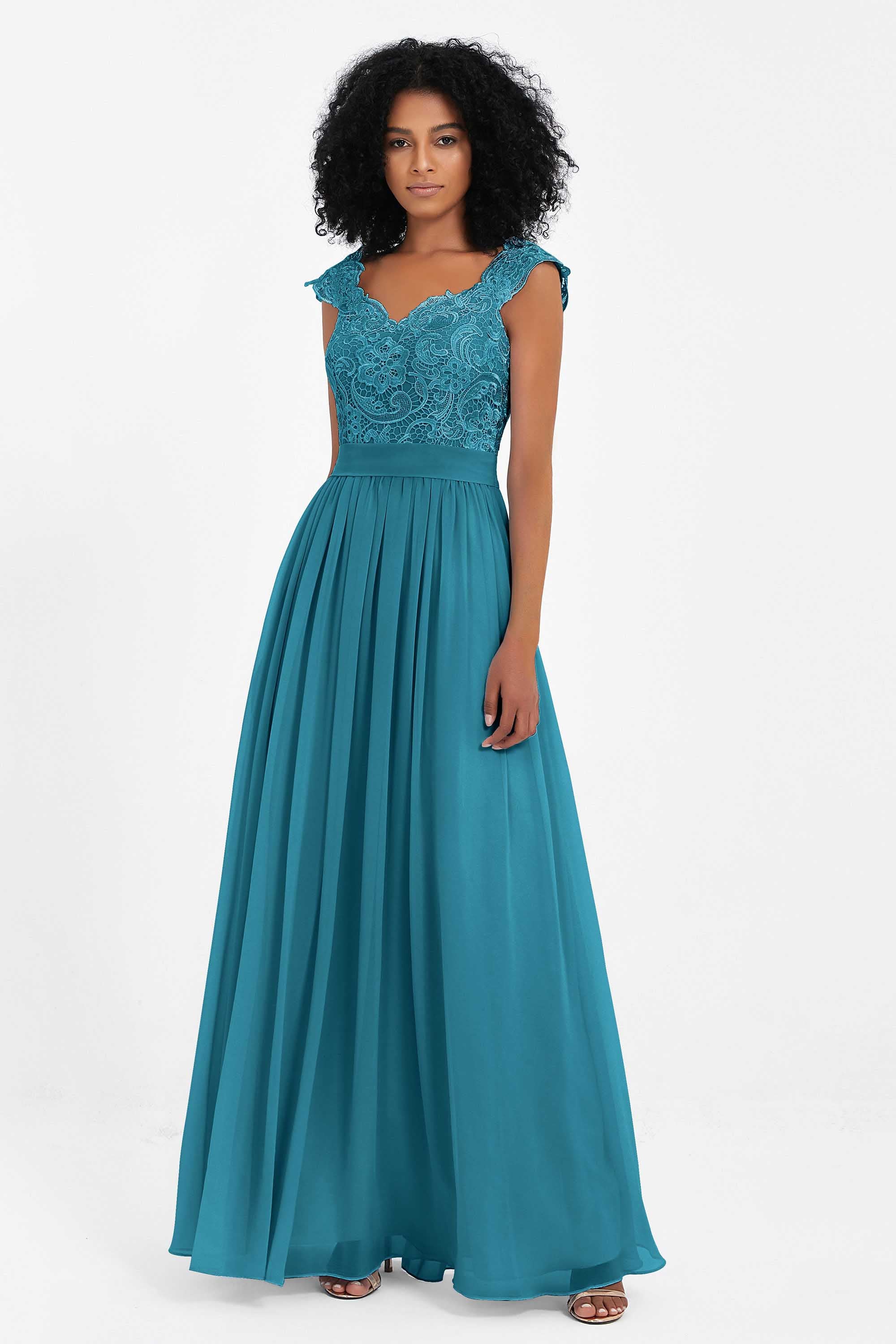 Cap Sleeves Chiffon Bridesmaid Dress with Lace Long Formal Evening Prom Dresses Gowns