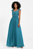 Cap Sleeves Chiffon Bridesmaid Dress with Lace Long Formal Evening Prom Dresses Gowns