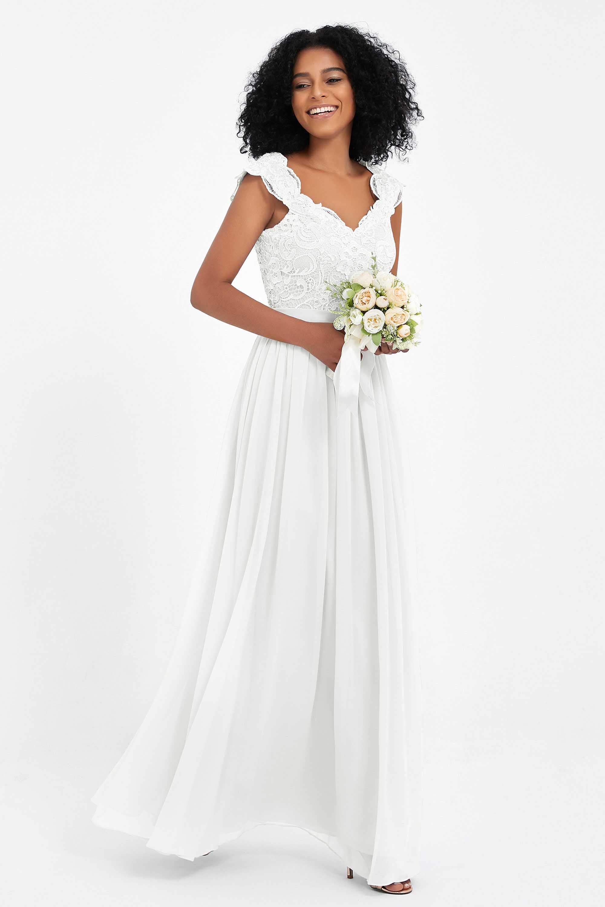 Cap Sleeves Chiffon Bridesmaid Dress with Lace Long Formal Evening Prom Dresses Gowns
