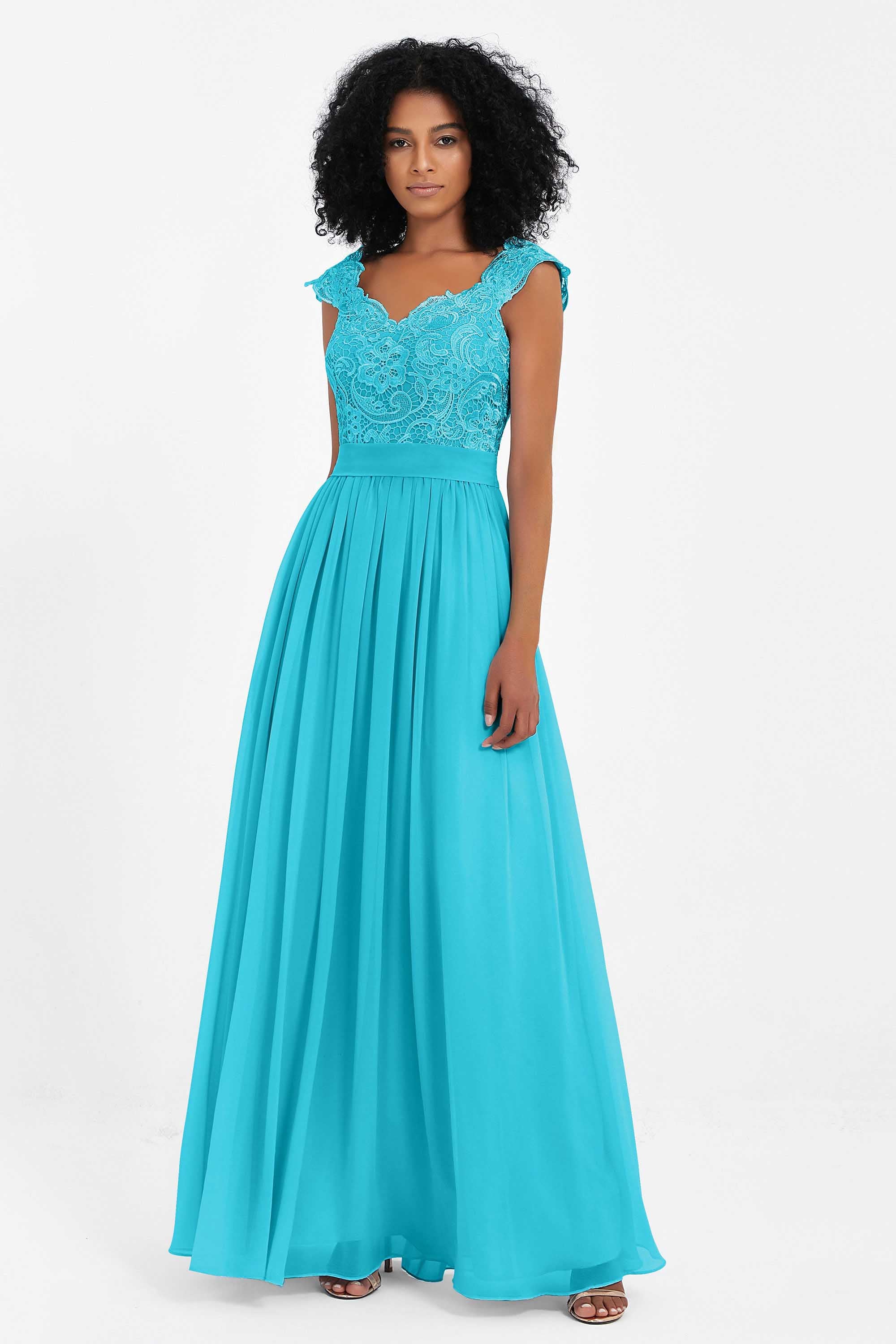 Cap Sleeves Chiffon Bridesmaid Dress with Lace Long Formal Evening Prom Dresses Gowns