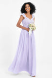 Cap Sleeves Chiffon Bridesmaid Dress with Lace Long Formal Evening Prom Dresses Gowns