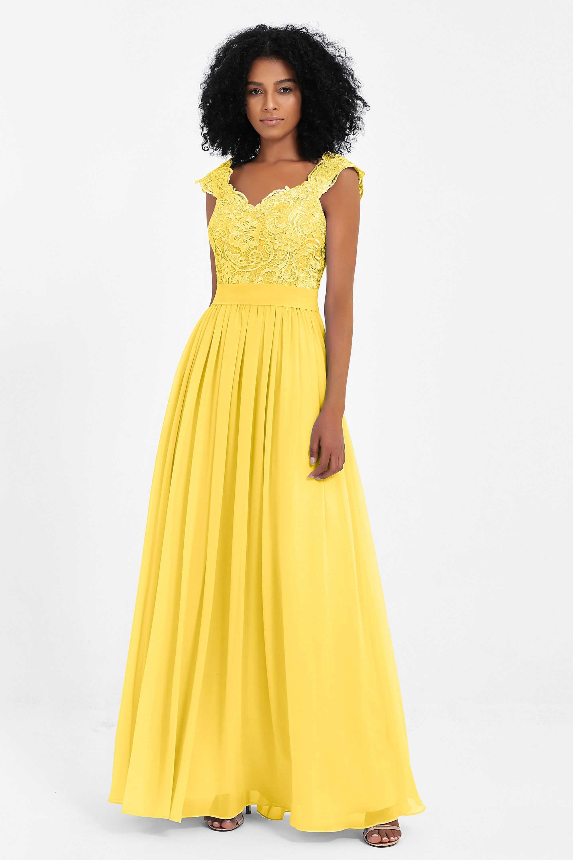 Cap Sleeves Chiffon Bridesmaid Dress with Lace Long Formal Evening Prom Dresses Gowns