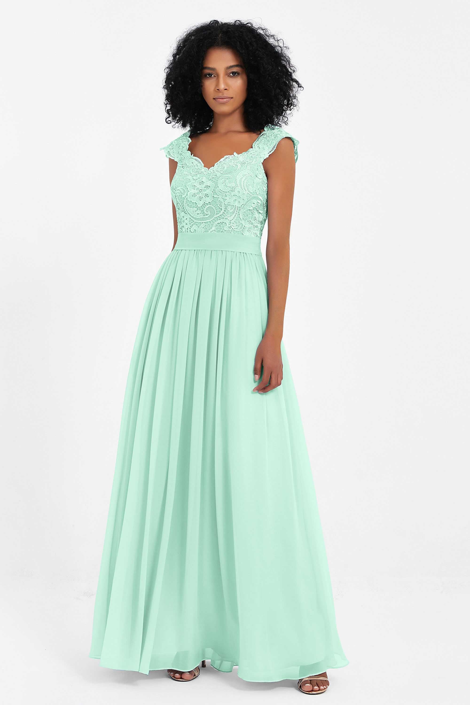Cap Sleeves Chiffon Bridesmaid Dress with Lace Long Formal Evening Prom Dresses Gowns