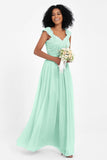 Cap Sleeves Chiffon Bridesmaid Dress with Lace Long Formal Evening Prom Dresses Gowns