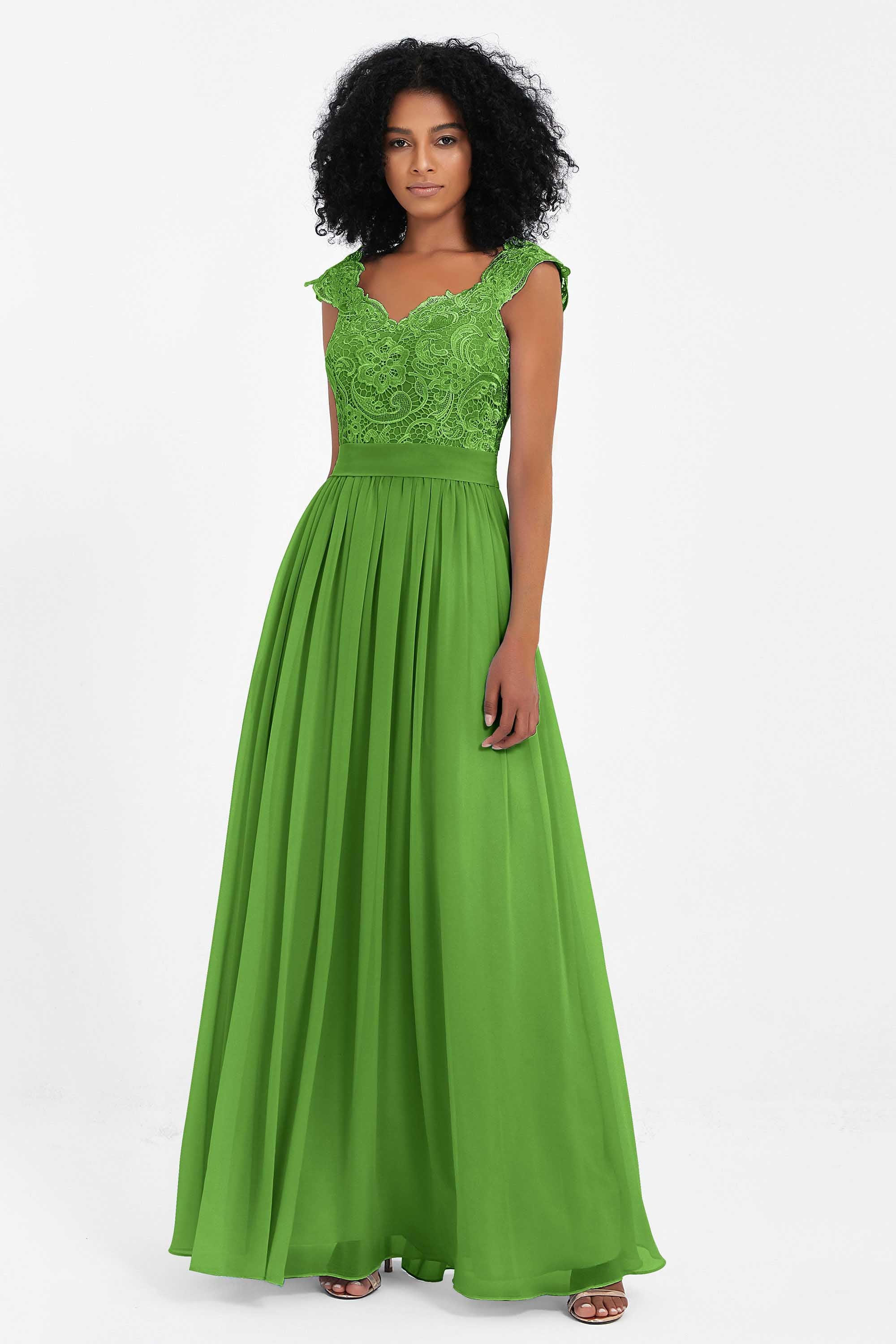 Cap Sleeves Chiffon Bridesmaid Dress with Lace Long Formal Evening Prom Dresses Gowns
