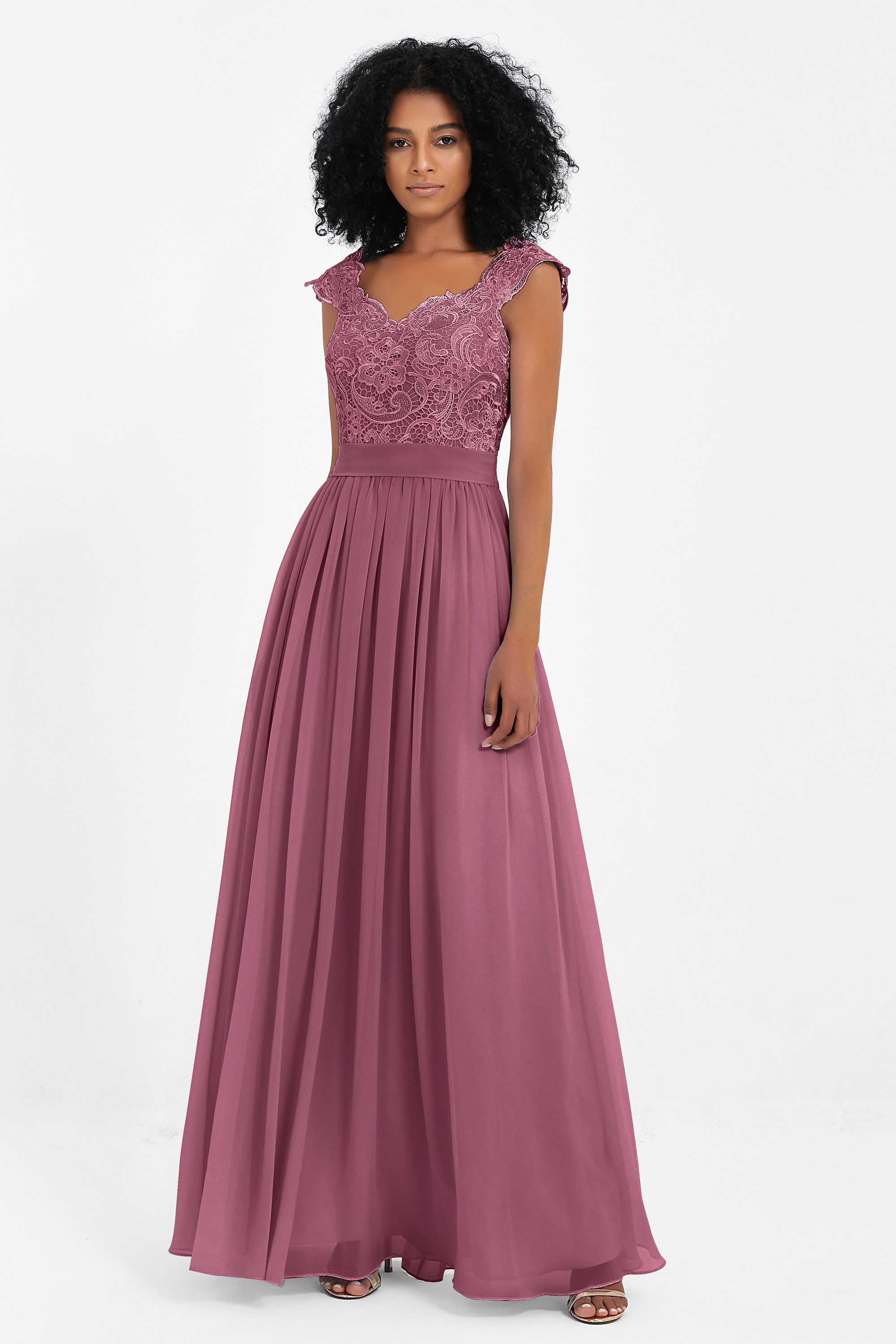 Cap Sleeves Chiffon Bridesmaid Dress with Lace Long Formal Evening Prom Dresses Gowns