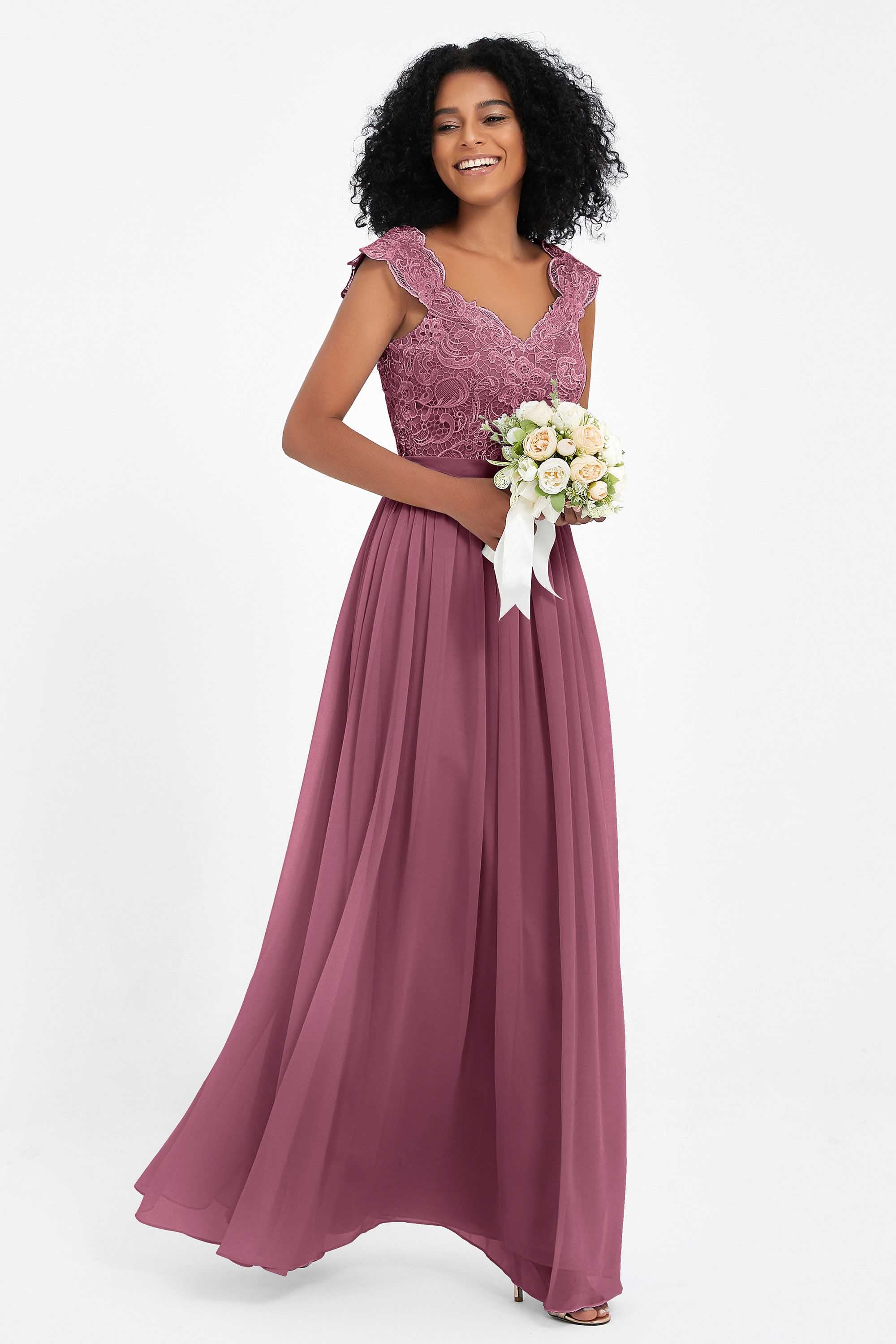 Cap Sleeves Chiffon Bridesmaid Dress with Lace Long Formal Evening Prom Dresses Gowns