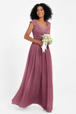 Cap Sleeves Chiffon Bridesmaid Dress with Lace Long Formal Evening Prom Dresses Gowns