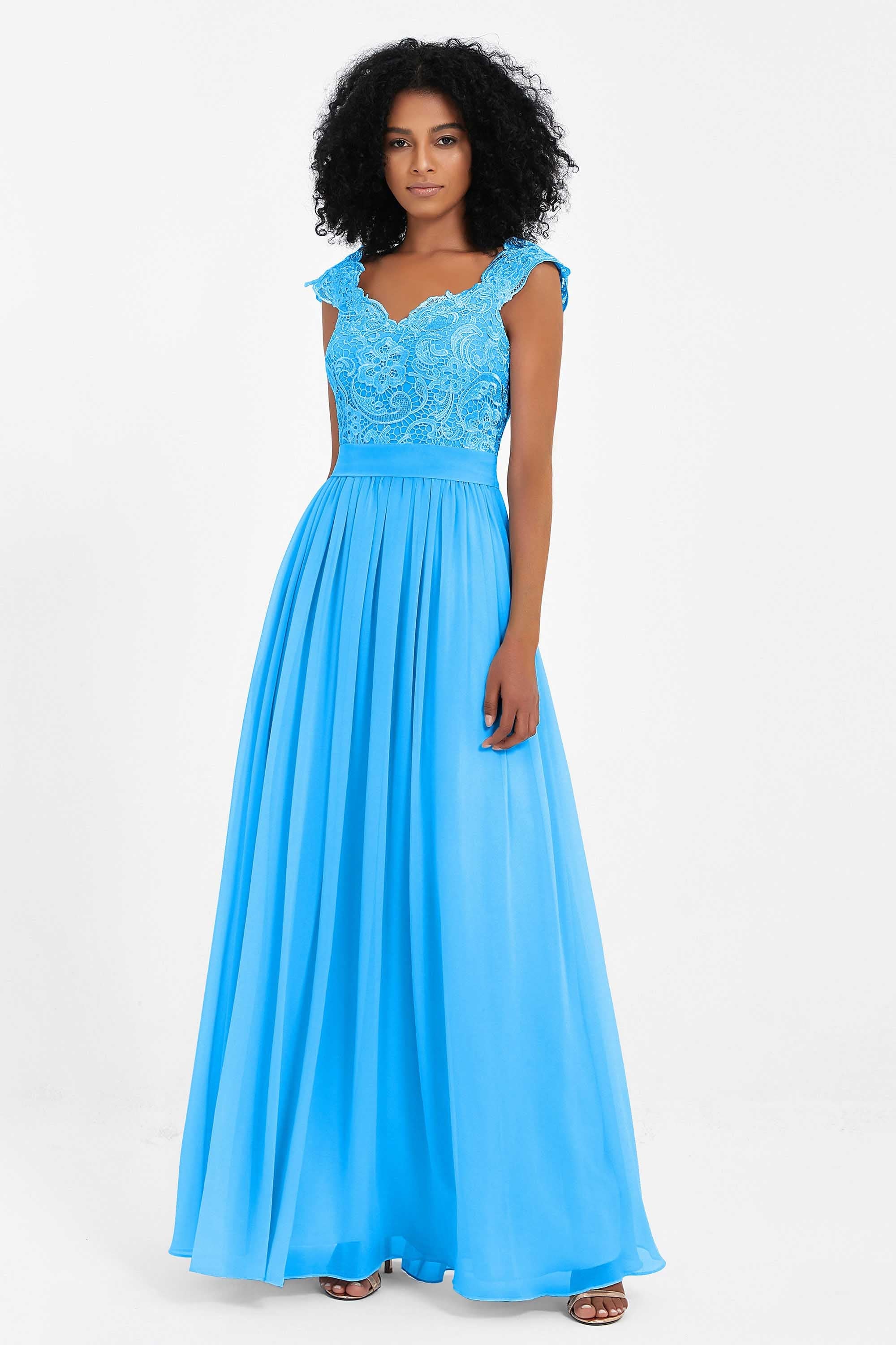 Cap Sleeves Chiffon Bridesmaid Dress with Lace Long Formal Evening Prom Dresses Gowns