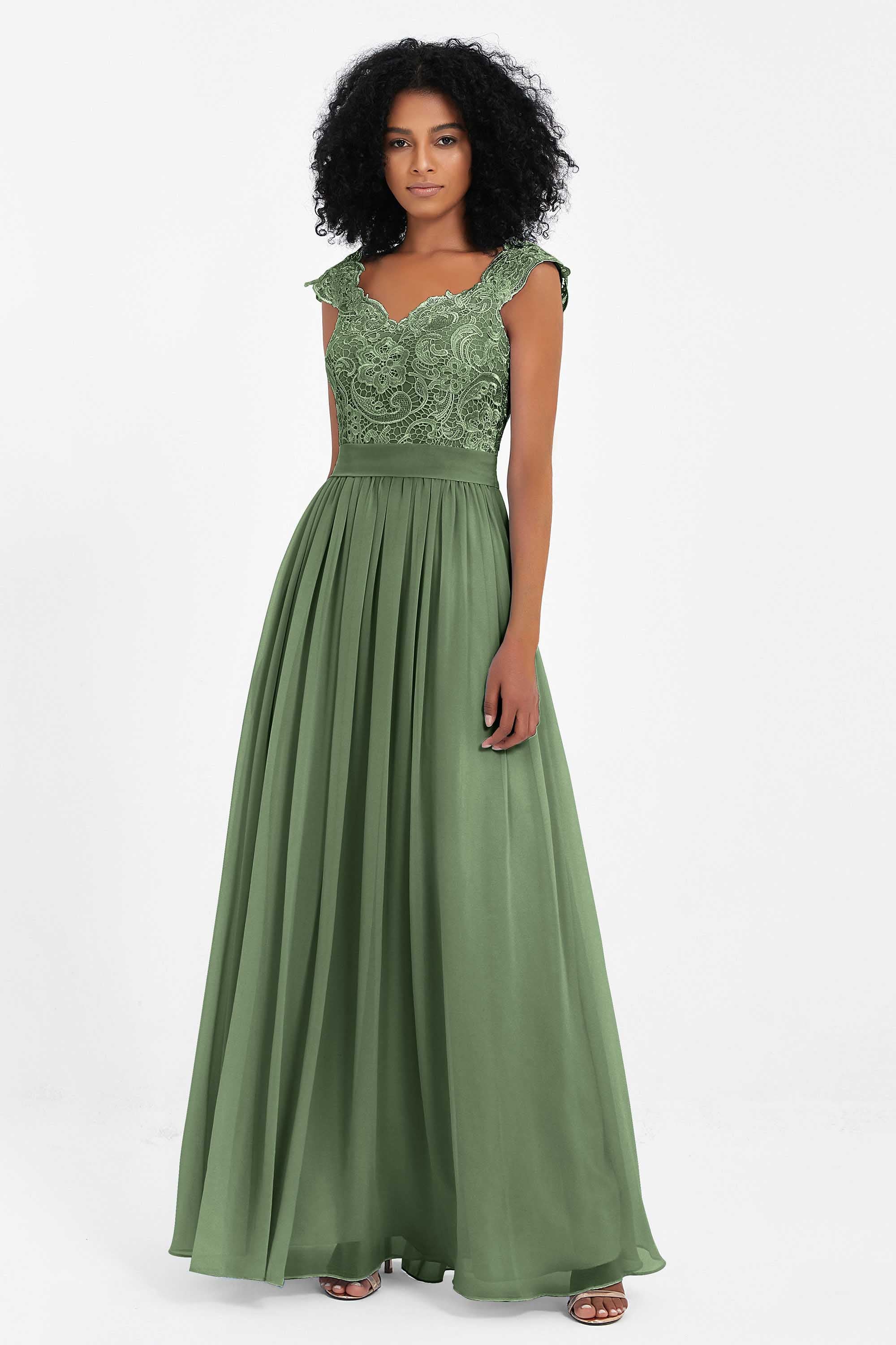 Cap Sleeves Chiffon Bridesmaid Dress with Lace Long Formal Evening Prom Dresses Gowns
