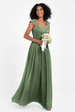 Cap Sleeves Chiffon Bridesmaid Dress with Lace Long Formal Evening Prom Dresses Gowns