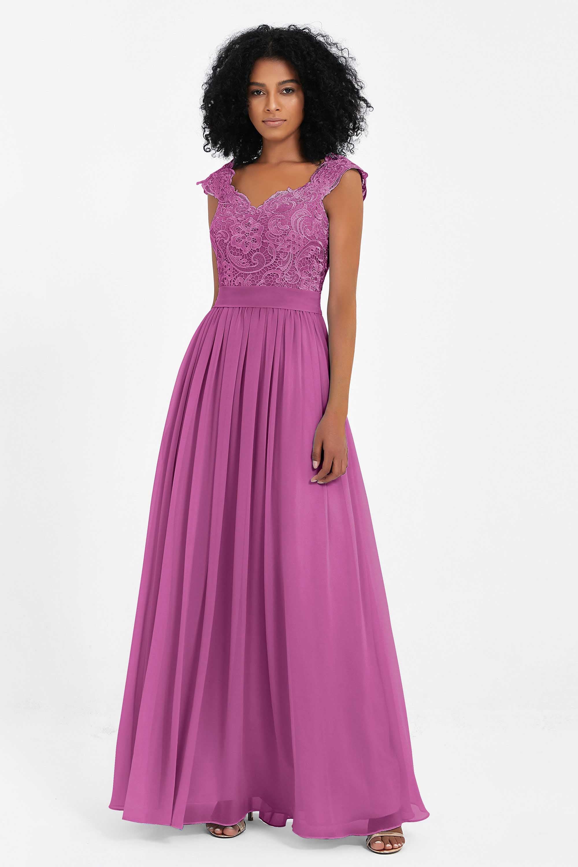 Cap Sleeves Chiffon Bridesmaid Dress with Lace Long Formal Evening Prom Dresses Gowns