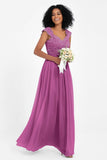 Cap Sleeves Chiffon Bridesmaid Dress with Lace Long Formal Evening Prom Dresses Gowns