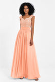 Cap Sleeves Chiffon Bridesmaid Dress with Lace Long Formal Evening Prom Dresses Gowns