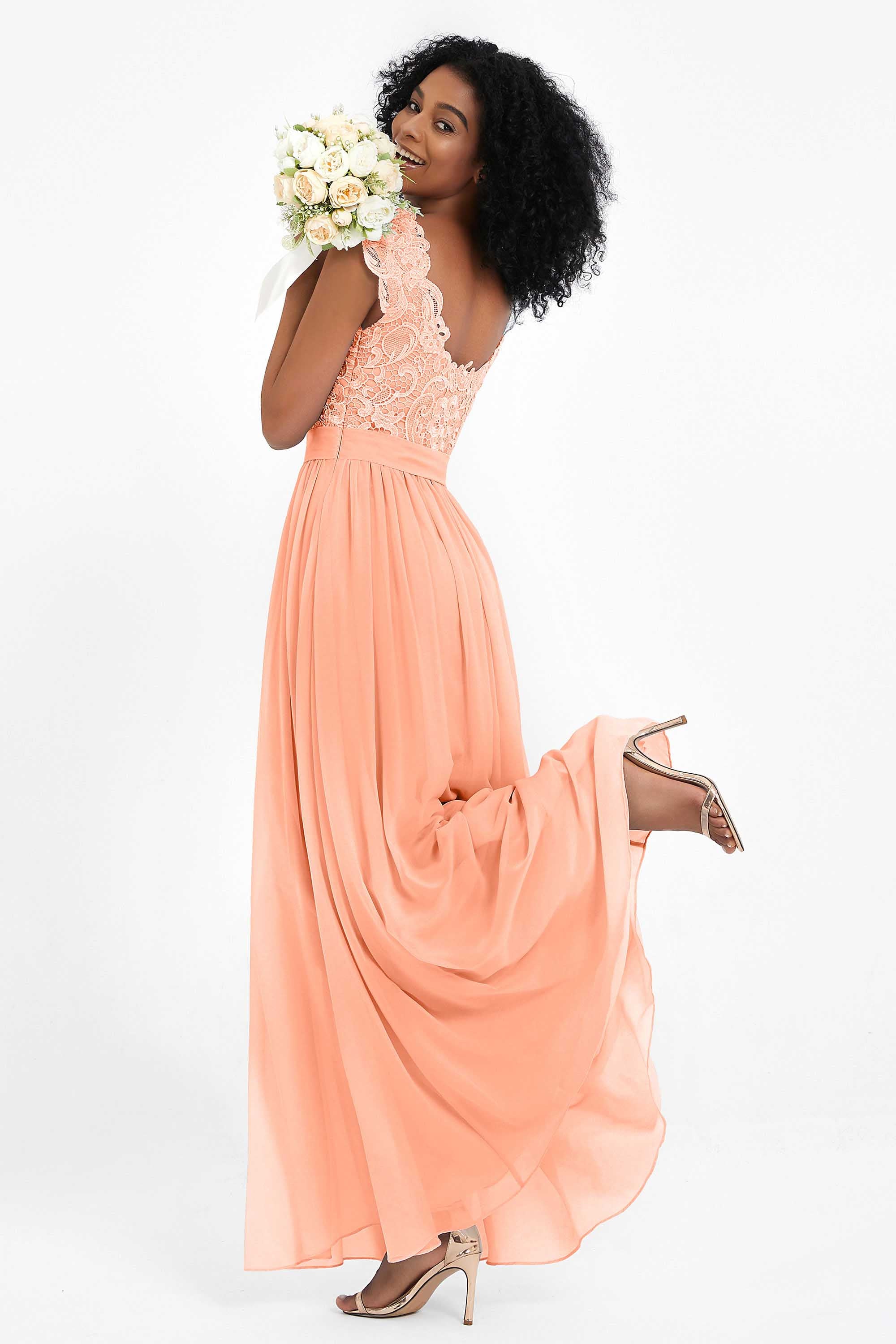 Cap Sleeves Chiffon Bridesmaid Dress with Lace Long Formal Evening Prom Dresses Gowns