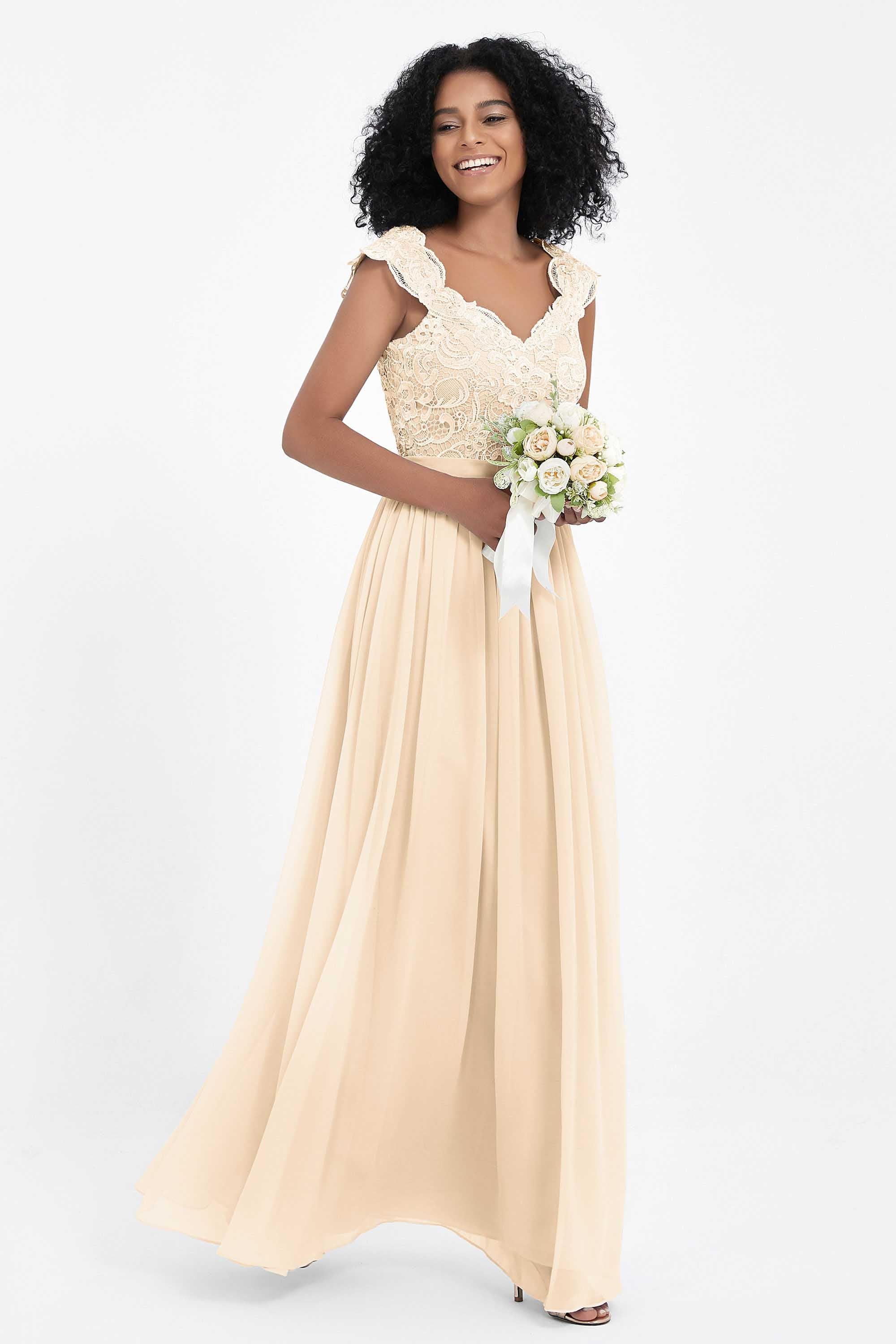 Cap Sleeves Chiffon Bridesmaid Dress with Lace Long Formal Evening Prom Dresses Gowns