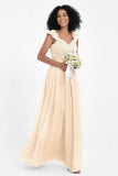 Cap Sleeves Chiffon Bridesmaid Dress with Lace Long Formal Evening Prom Dresses Gowns