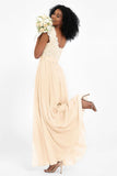 Cap Sleeves Chiffon Bridesmaid Dress with Lace Long Formal Evening Prom Dresses Gowns