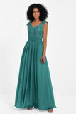 Cap Sleeves Chiffon Bridesmaid Dress with Lace Long Formal Evening Prom Dresses Gowns