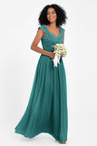 Cap Sleeves Chiffon Bridesmaid Dress with Lace Long Formal Evening Prom Dresses Gowns