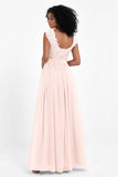 Cap Sleeves Chiffon Bridesmaid Dress with Lace Long Formal Evening Prom Dresses Gowns