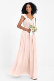 Cap Sleeves Chiffon Bridesmaid Dress with Lace Long Formal Evening Prom Dresses Gowns