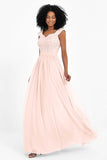Cap Sleeves Chiffon Bridesmaid Dress with Lace Long Formal Evening Prom Dresses Gowns
