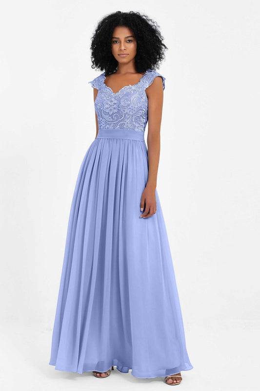 Cap Sleeves Chiffon Bridesmaid Dress with Lace Long Formal Evening Prom Dresses Gowns