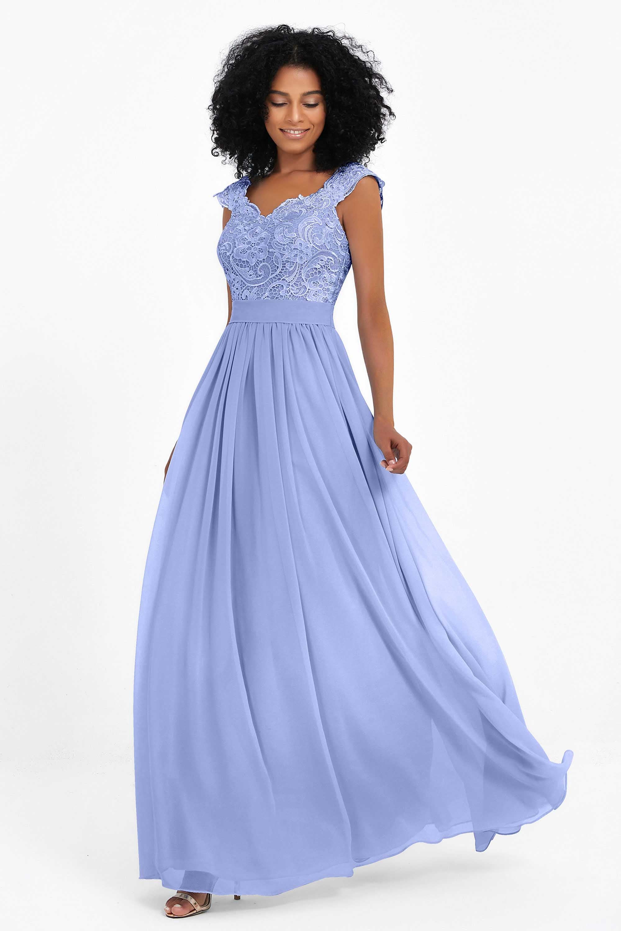 Cap Sleeves Chiffon Bridesmaid Dress with Lace Long Formal Evening Prom Dresses Gowns