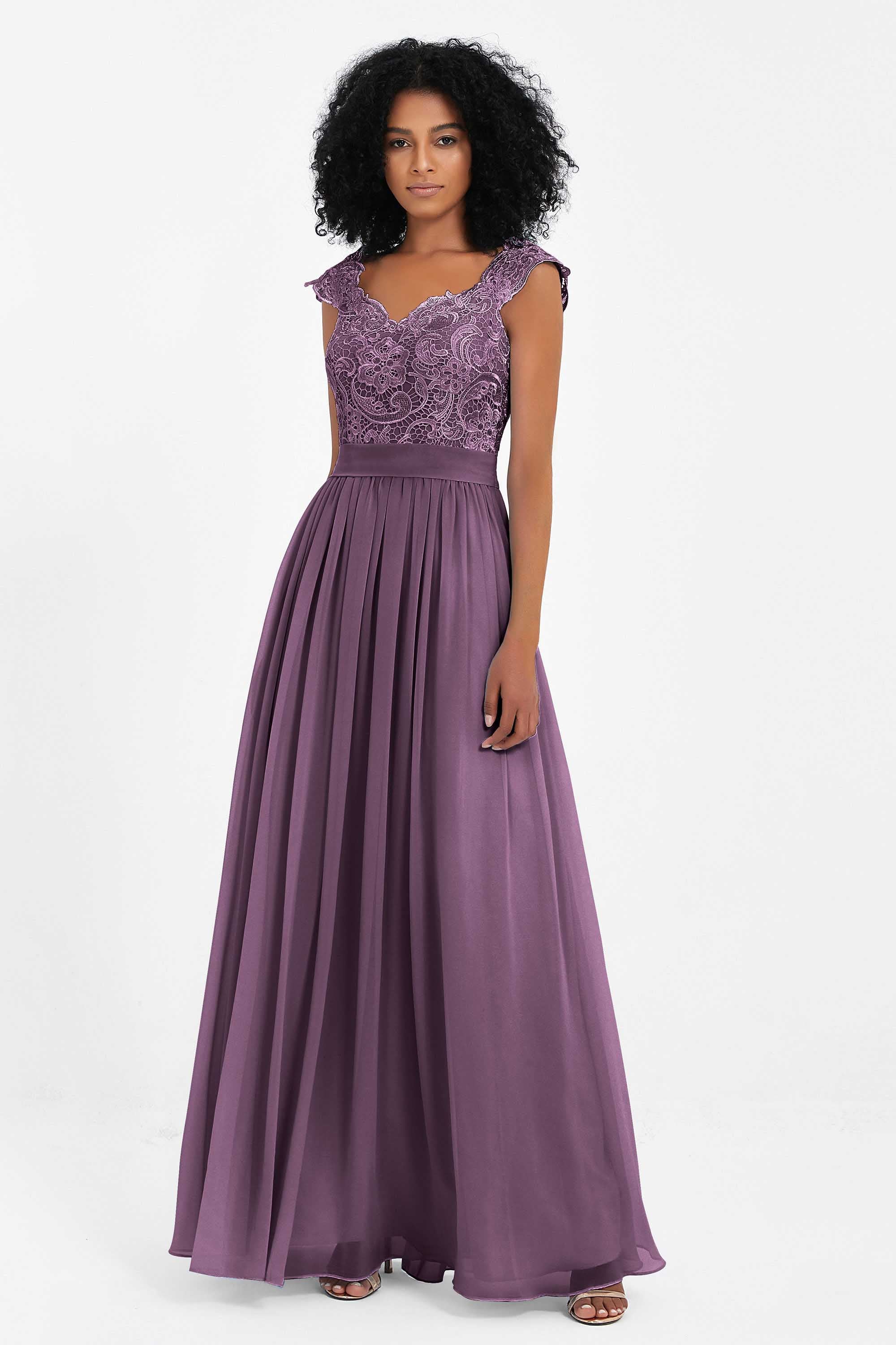 Cap Sleeves Chiffon Bridesmaid Dress with Lace Long Formal Evening Prom Dresses Gowns