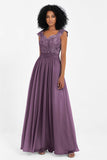Cap Sleeves Chiffon Bridesmaid Dress with Lace Long Formal Evening Prom Dresses Gowns