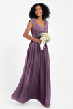 Cap Sleeves Chiffon Bridesmaid Dress with Lace Long Formal Evening Prom Dresses Gowns