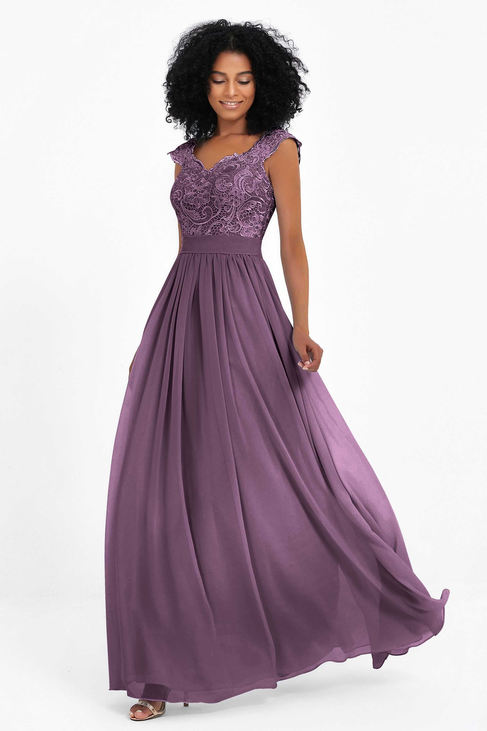 Cap Sleeves Chiffon Bridesmaid Dress with Lace Long Formal Evening Prom Dresses Gowns