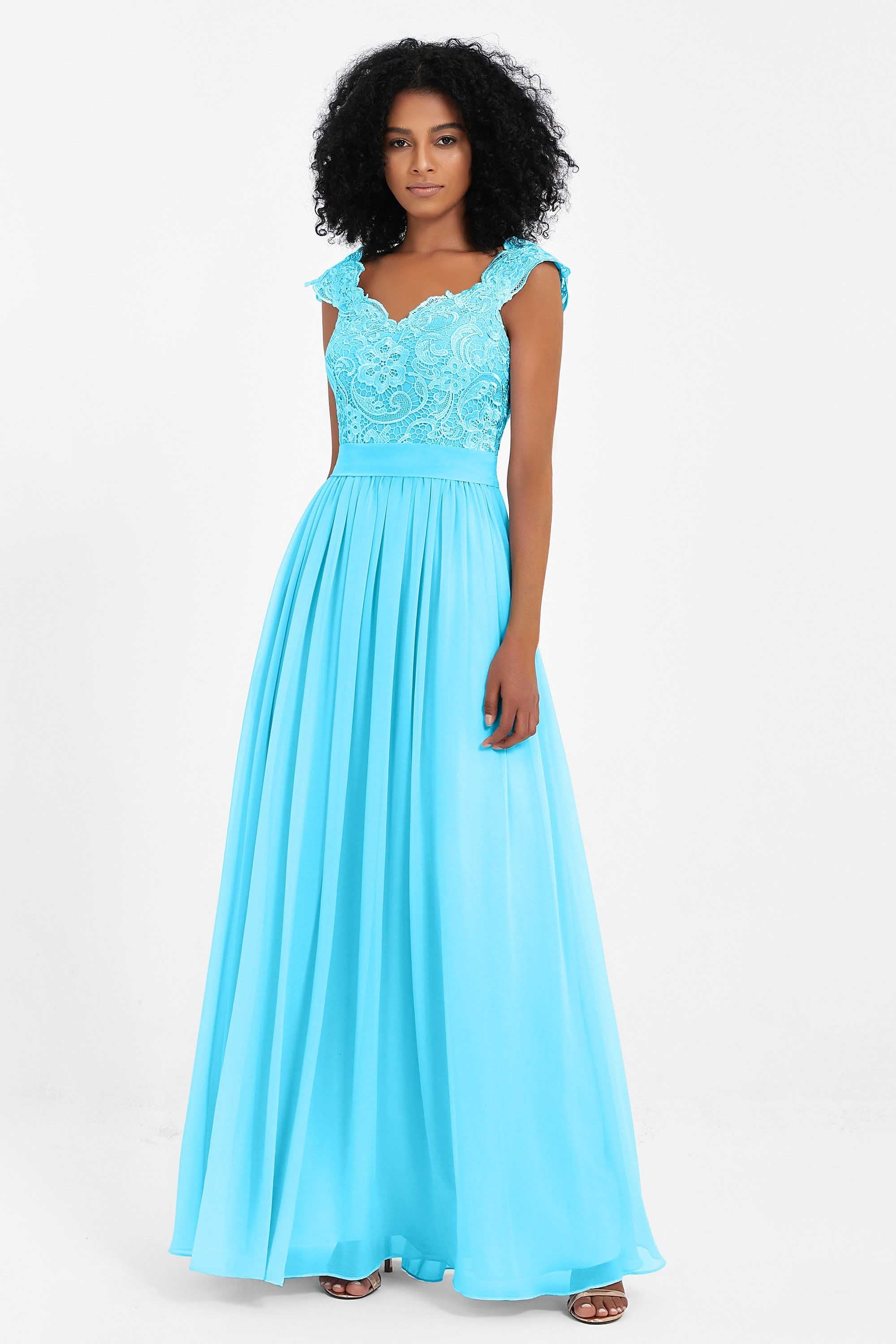 Cap Sleeves Chiffon Bridesmaid Dress with Lace Long Formal Evening Prom Dresses Gowns