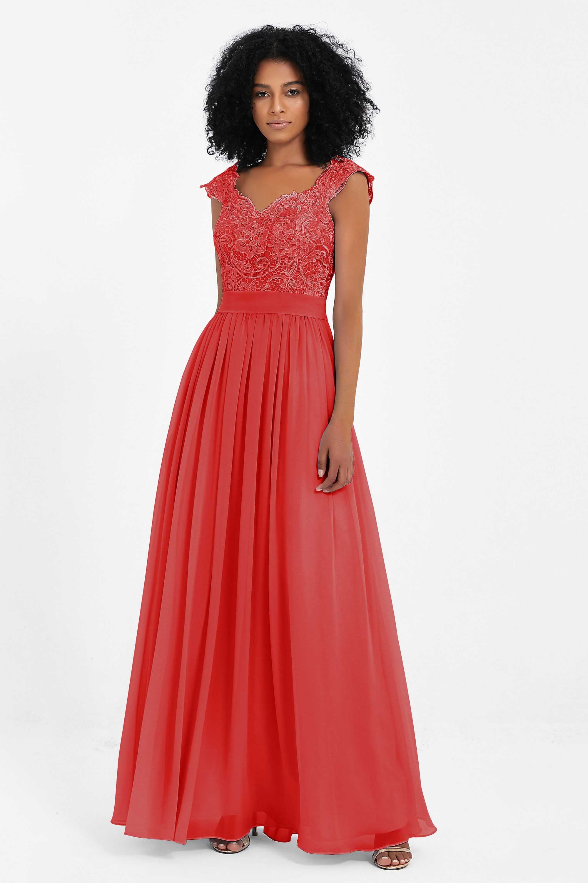 Cap Sleeves Chiffon Bridesmaid Dress with Lace Long Formal Evening Prom Dresses Gowns