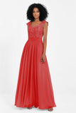 Cap Sleeves Chiffon Bridesmaid Dress with Lace Long Formal Evening Prom Dresses Gowns