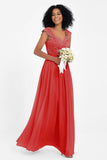 Cap Sleeves Chiffon Bridesmaid Dress with Lace Long Formal Evening Prom Dresses Gowns