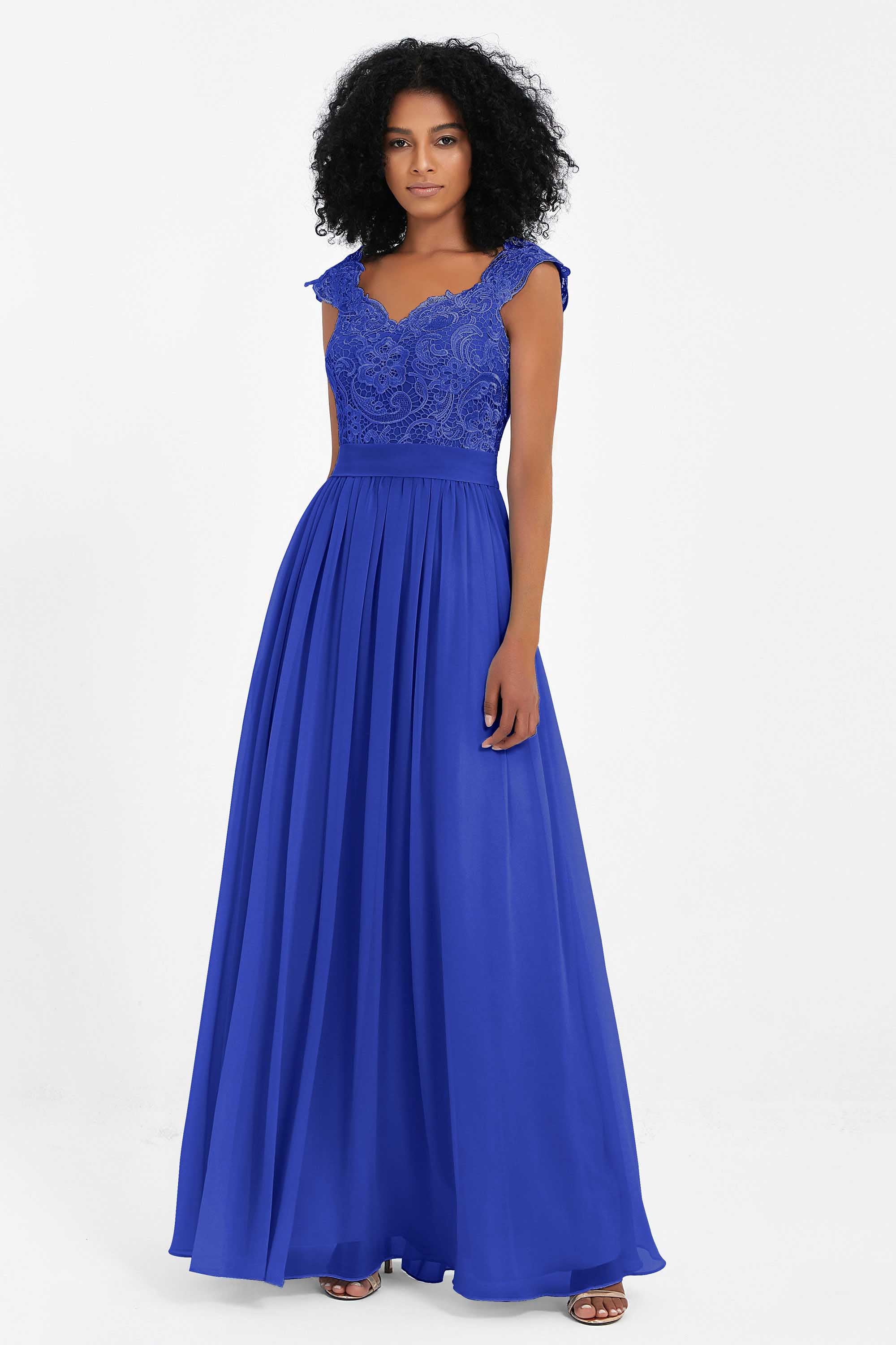 Cap Sleeves Chiffon Bridesmaid Dress with Lace Long Formal Evening Prom Dresses Gowns