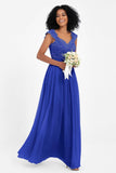 Cap Sleeves Chiffon Bridesmaid Dress with Lace Long Formal Evening Prom Dresses Gowns