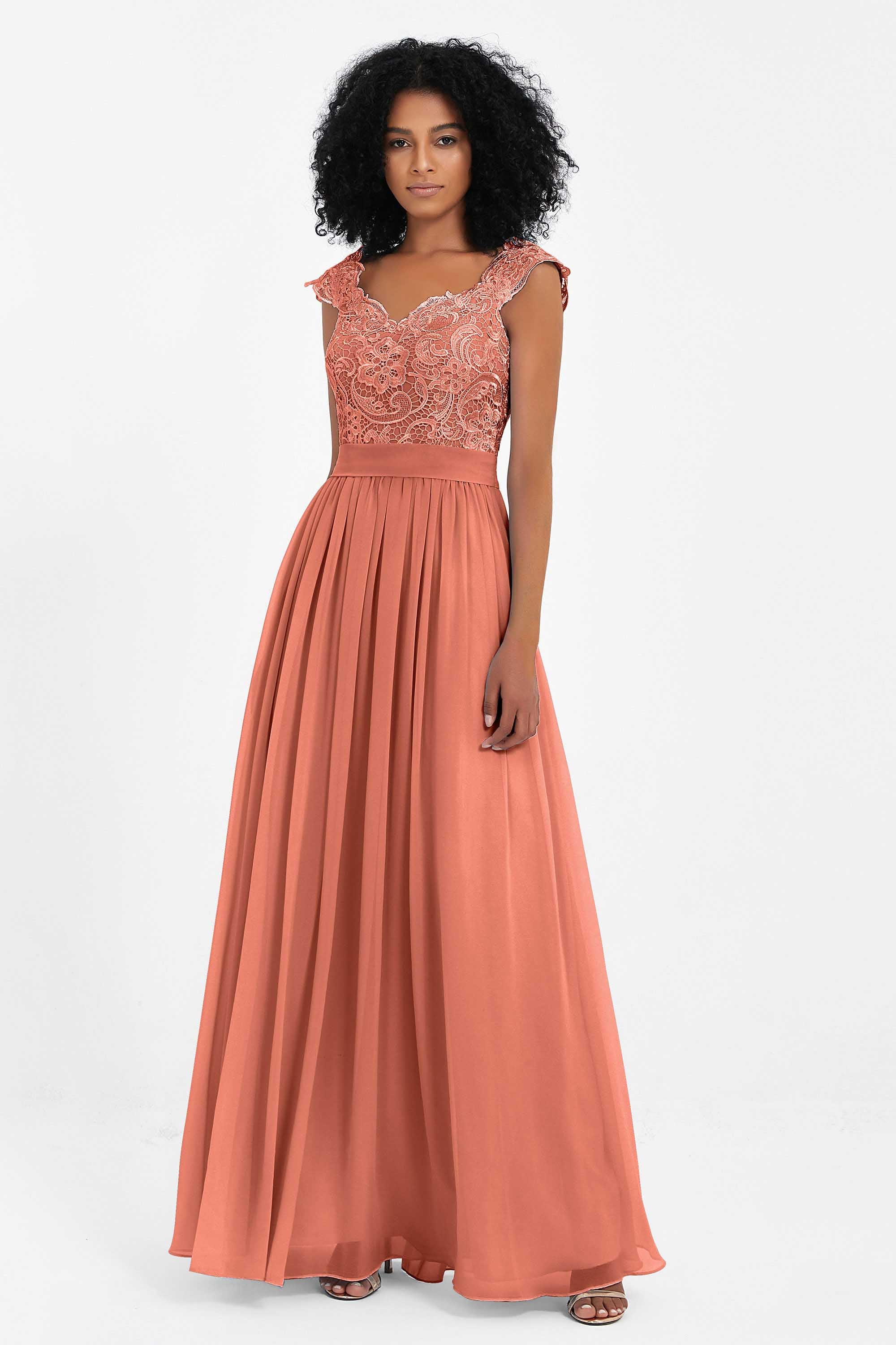 Cap Sleeves Chiffon Bridesmaid Dress with Lace Long Formal Evening Prom Dresses Gowns