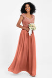 Cap Sleeves Chiffon Bridesmaid Dress with Lace Long Formal Evening Prom Dresses Gowns